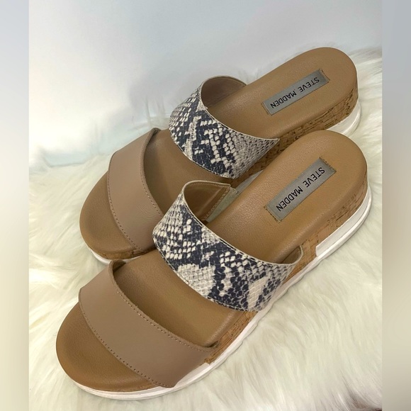 Steve Madden Thalia | Nude & Snakeskin Double Strap Cork Wedge Platform Sandals - Picture 2 of 6